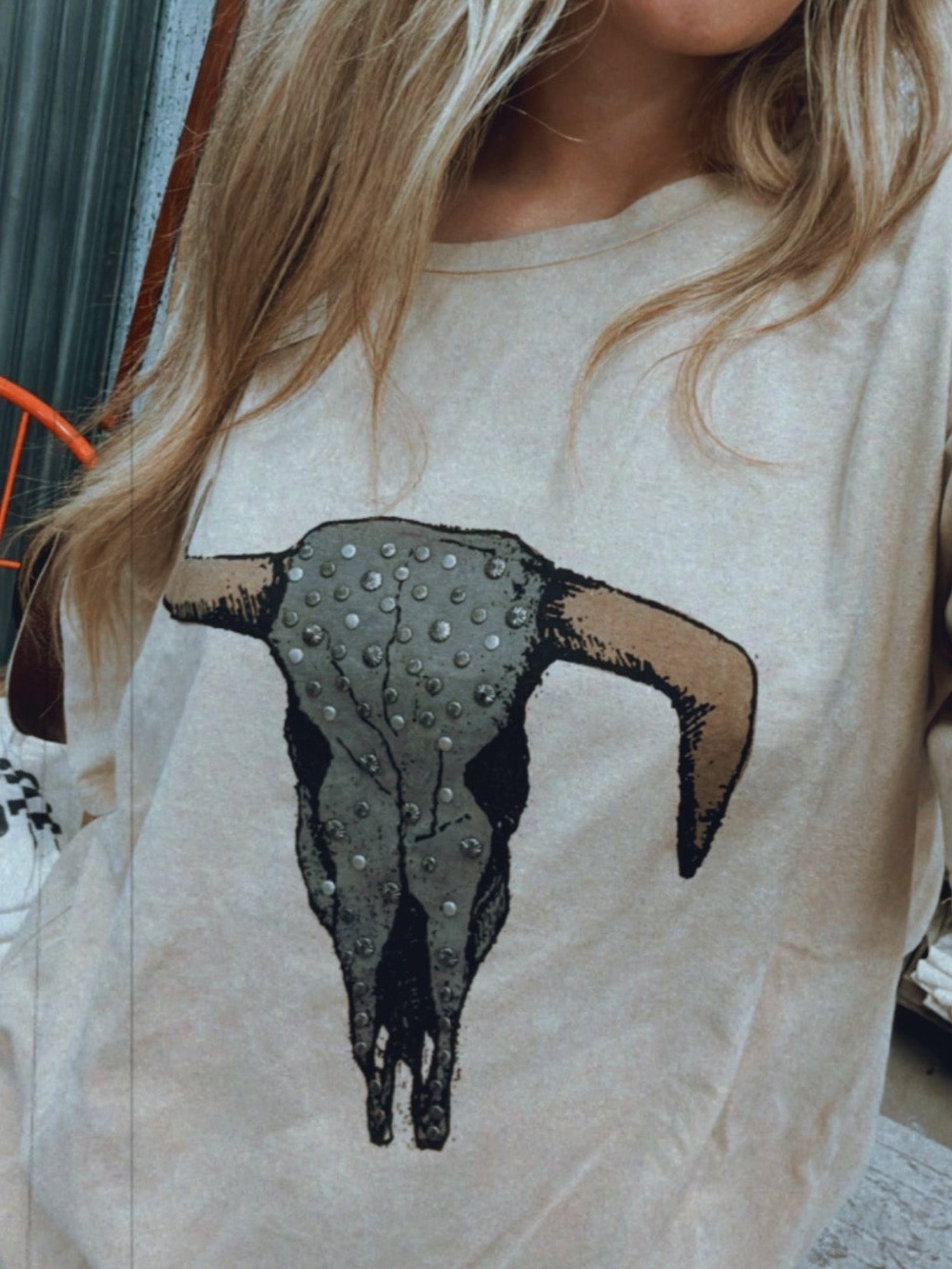 New Two 2 Fly Western Studded Bull Skull Short Sleeve Tee - Beige
